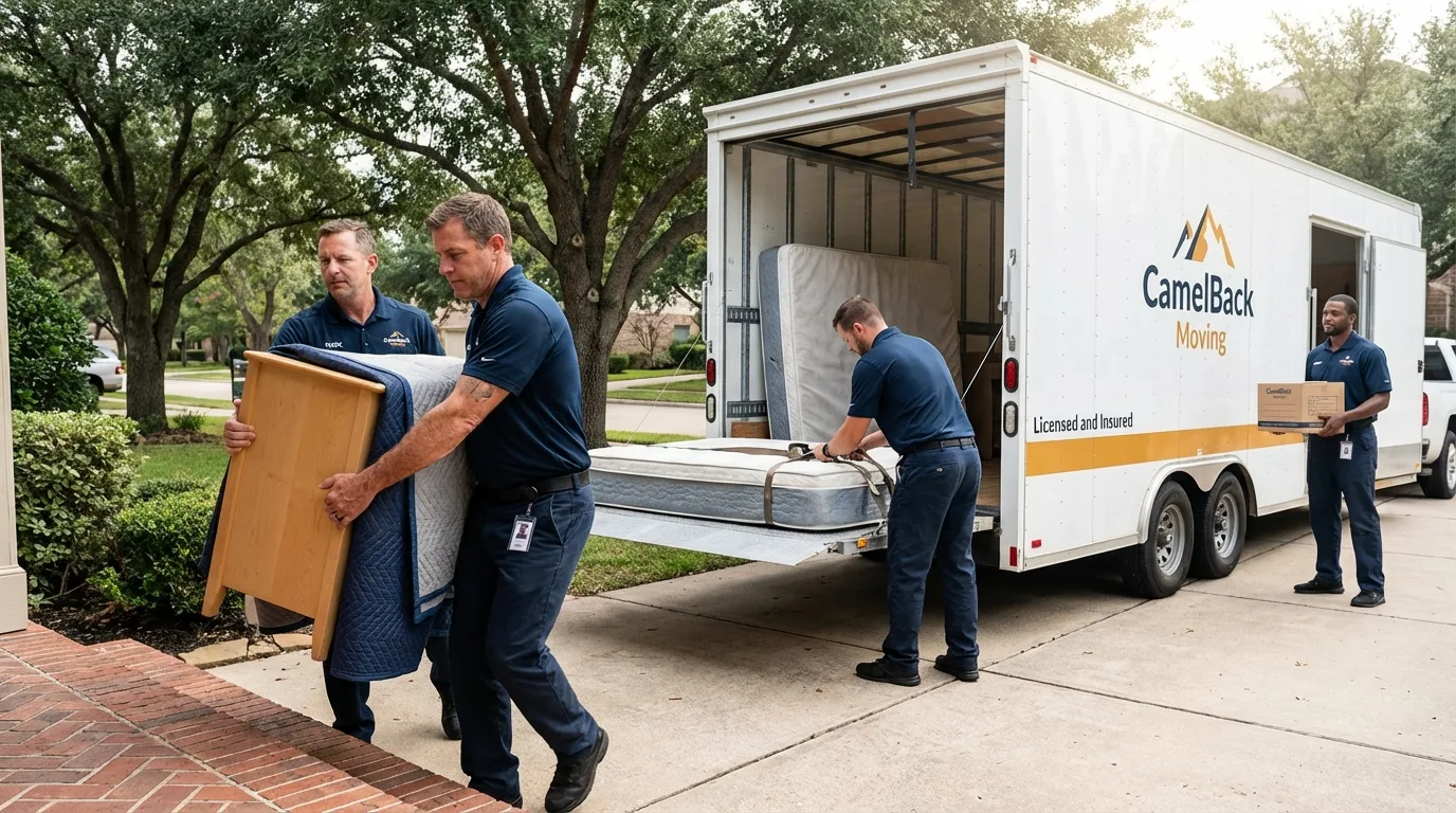 Crew loading residential truck for cross-state move from Newcastle, OK