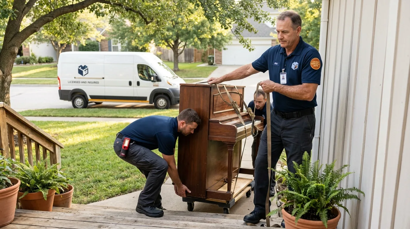Licensed piano movers securing grand piano in Newcastle, OK
