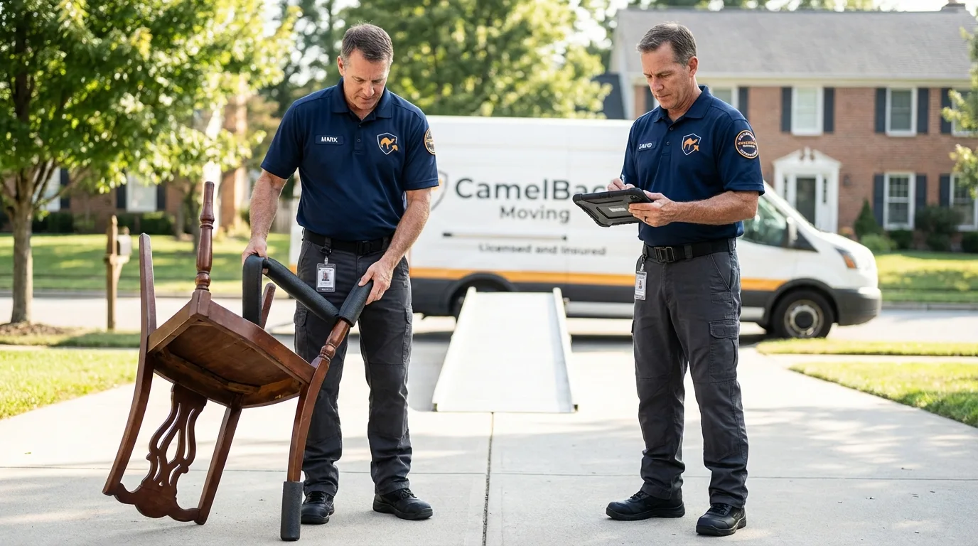 Movers inspecting furniture for damage prevention before loading in Newcastle, OK