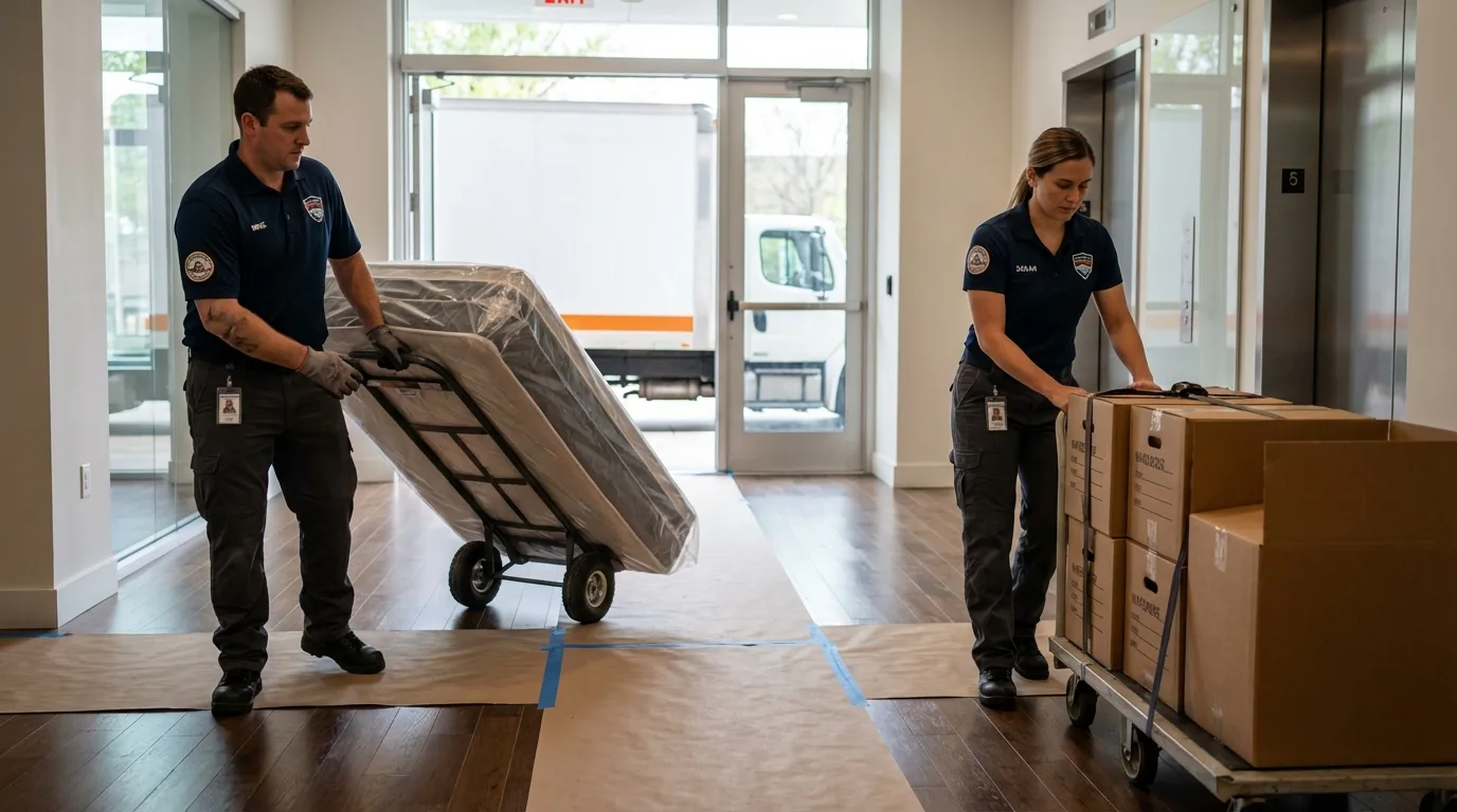 Professional apartment movers loading elevator in Newcastle, OK